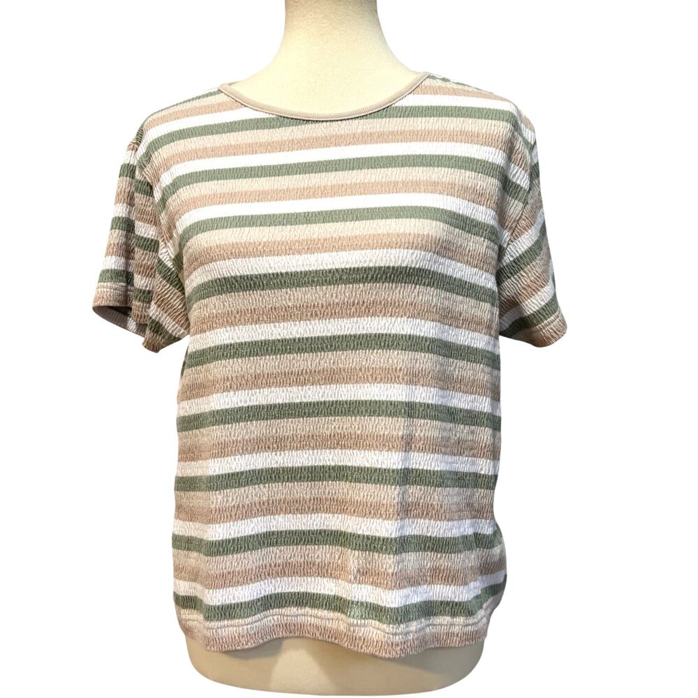VTG 90s Striped Knit Tee M Earth Tone Grunge Normcore Crewneck Short Sleeve